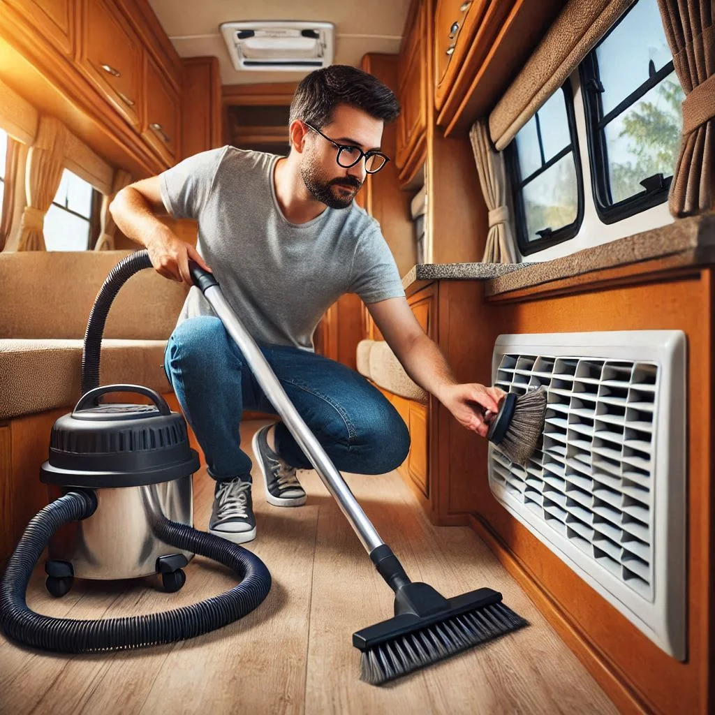 "A person cleaning the AC vents inside an RV with a vacuum cleaner and brush, ensuring proper airflow for better cooling."