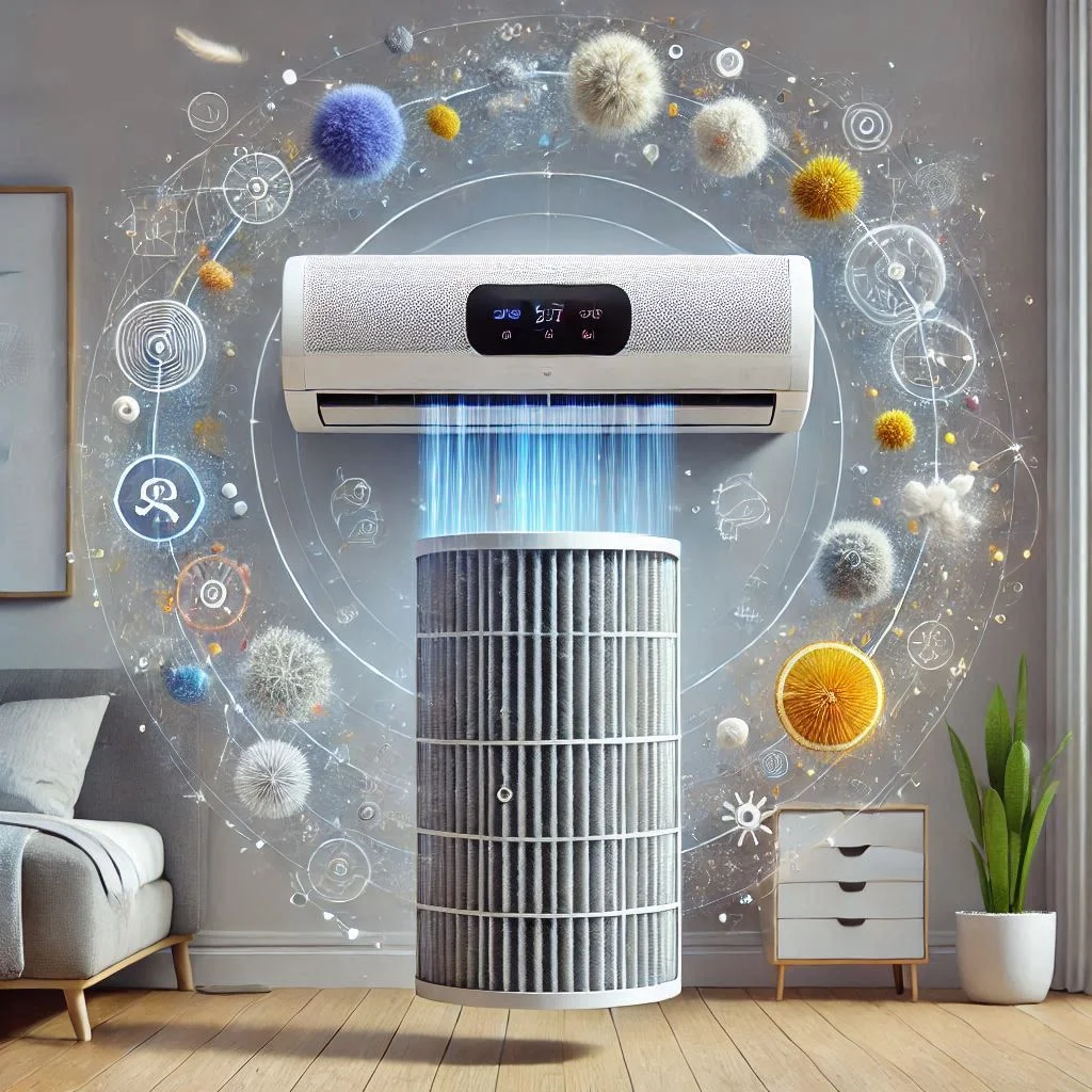 "A modern air conditioner with a close-up view of its advanced filter trapping dust, pollen, and other airborne allergens."