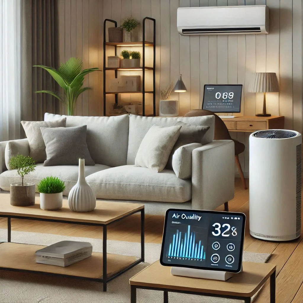 A modern living room with an air quality monitor on a table, displaying improved air quality metrics alongside an air purifier and AC.