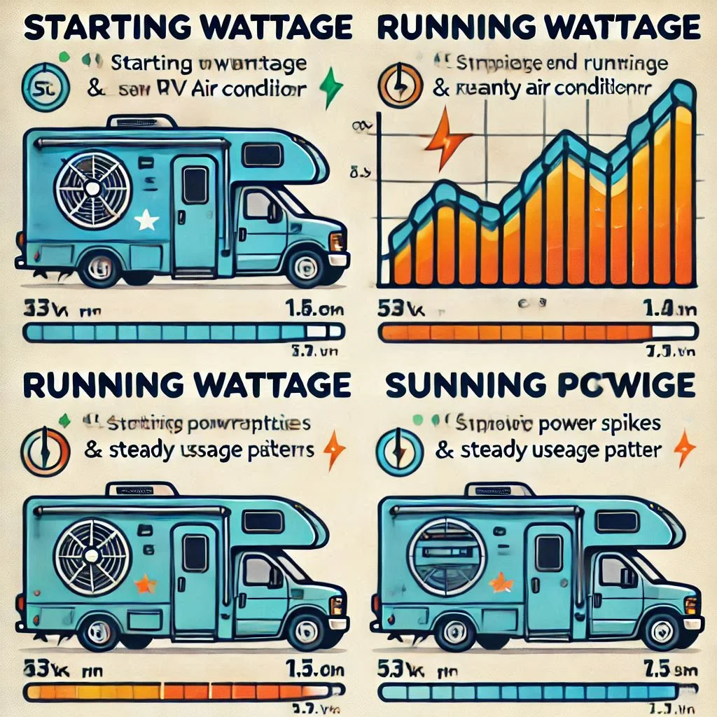 "A diagram showing the difference between starting wattage and running wattage for an RV air conditioner, with power spikes and steady usage patterns."