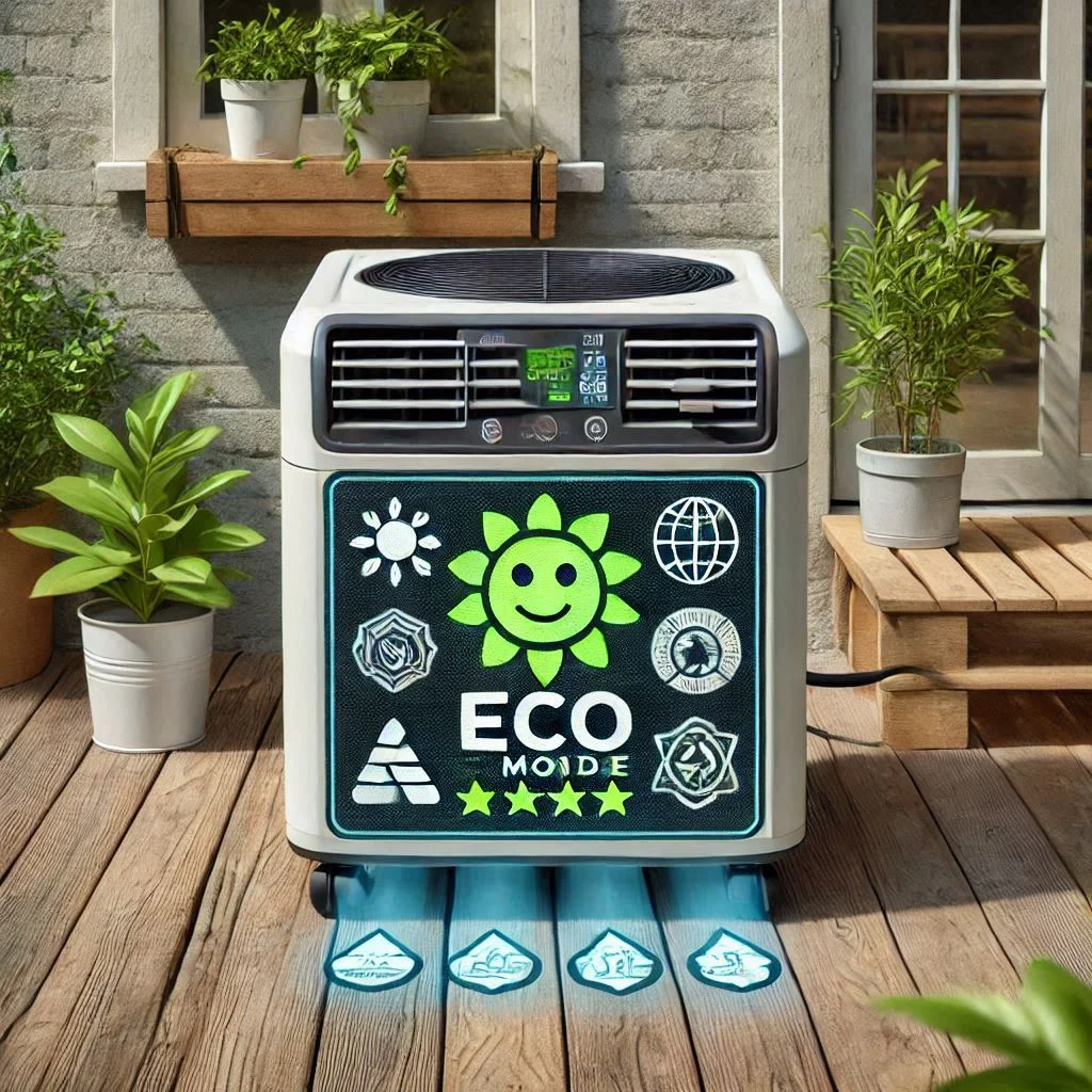 Generate an image of a portable air conditioner running in eco-mode on a patio with energy-saving labels visible on the unit.