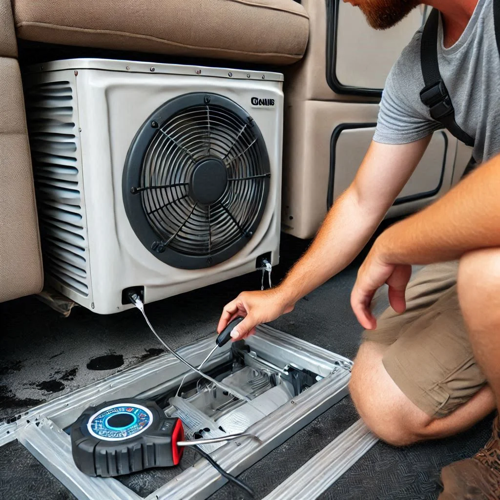 An image showing a person inspecting the base of the mounted Dometic RV air conditioner for any signs of moisture or leaks. The person should be checking around the edges for any water drips or damage to the seals.