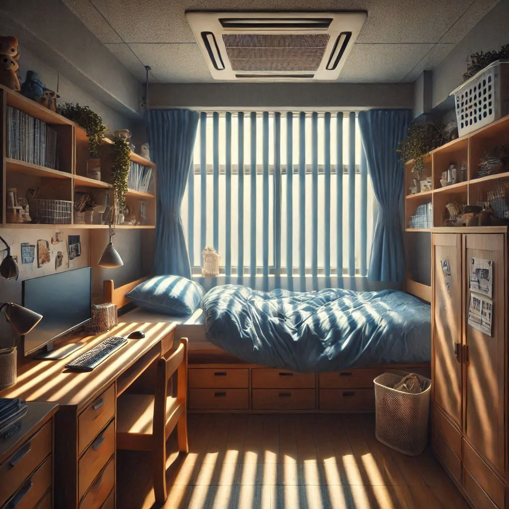 "Image of a dorm room with closed blinds, blocking sunlight and keeping the room cooler during the day."