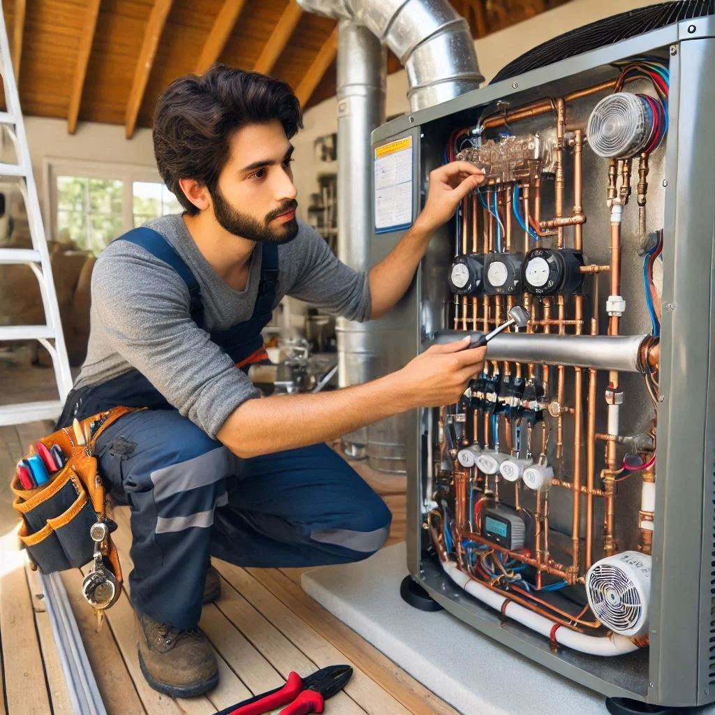 A technician installing a heat pump system in a California home, highlighting the dual heating and cooling components and specialized equipment involved in the installation.