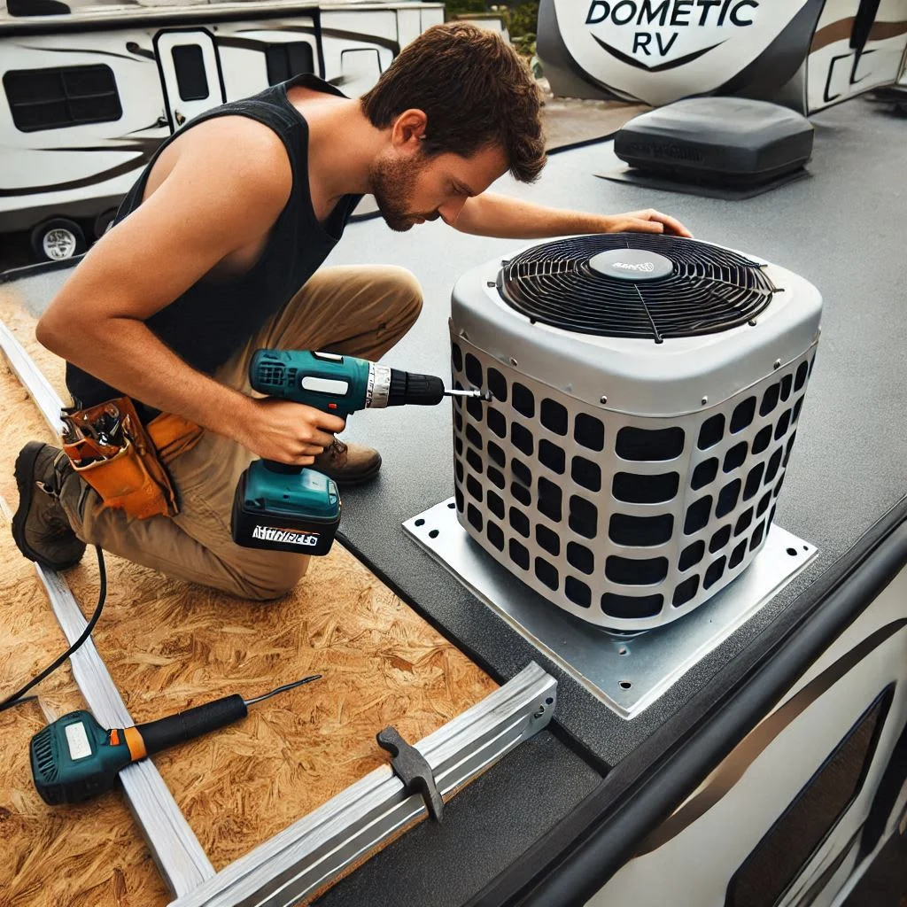 A person installing a Dometic RV air conditioner on the roof of an RV, using a power drill to make holes for mounting. The image should capture the technician working on the roof, with the tools and the air conditioner unit in view.