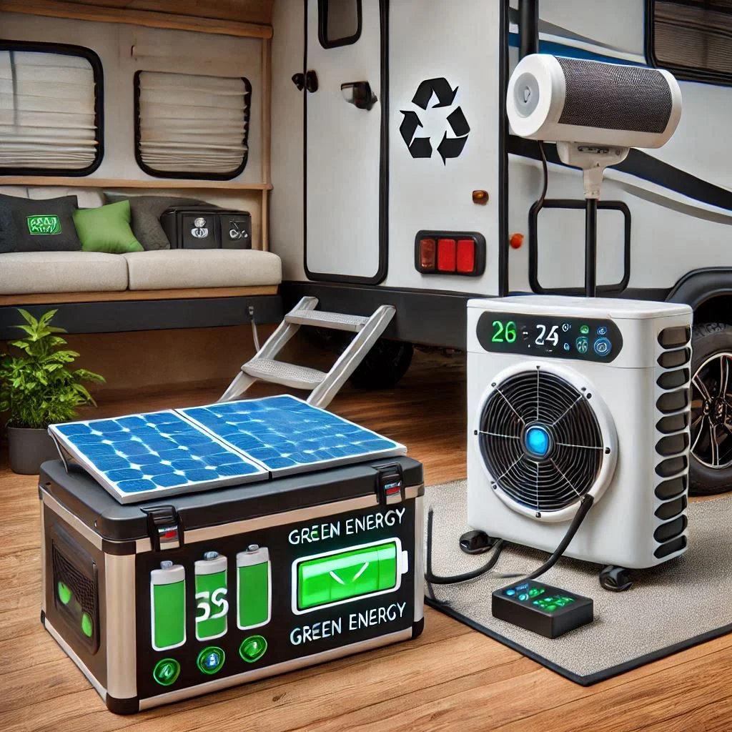 A camper setup showcasing a portable air conditioner connected to a compact battery system with green energy indicators.