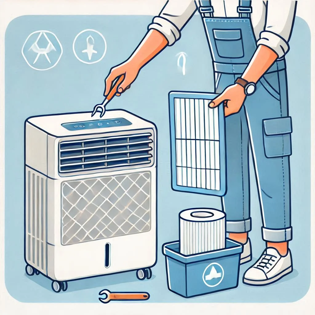 "A user cleaning the air filter of a portable air conditioner, showing the simple maintenance steps for keeping the unit running efficiently."