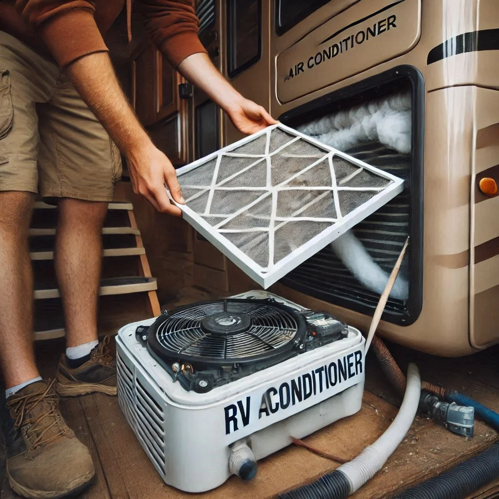 A close-up shot of an RV air conditioner with debris on the shroud and a person removing the filter for inspection.