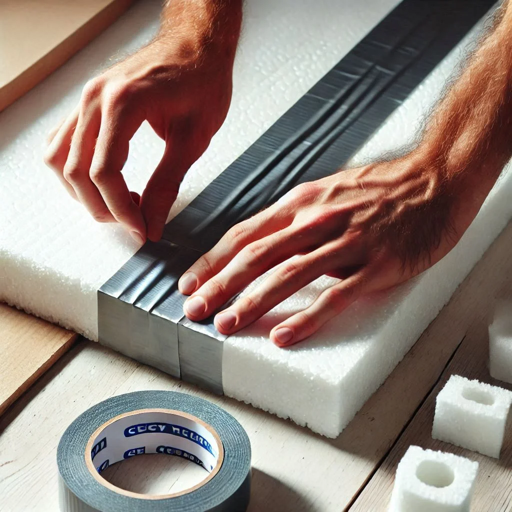 A close-up of hands applying duct tape to the edges of a polystyrene board.