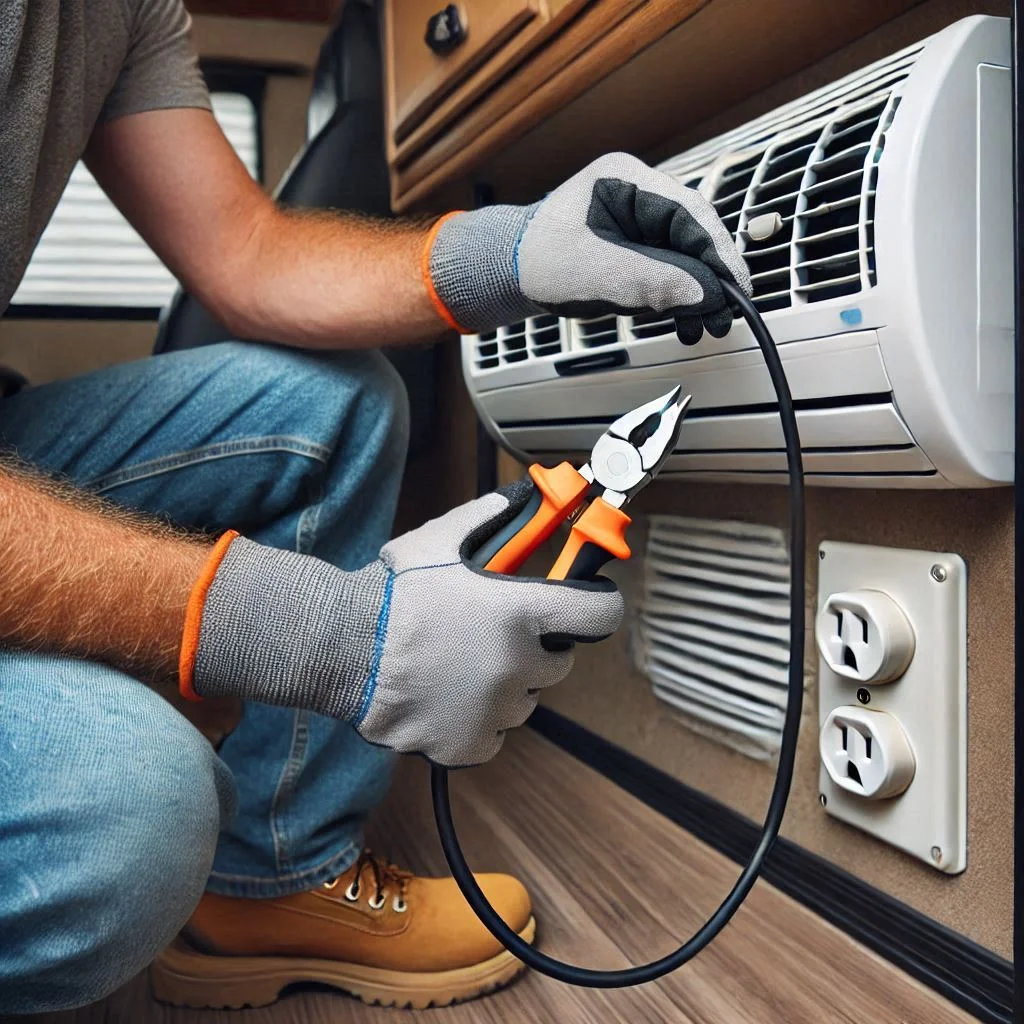 A person unplugging an RV air conditioner with insulated gloves on, emphasizing safety.