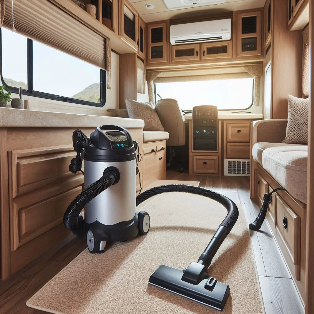 A clean RV interior with a vacuum cleaning the floor near an AC unit, emphasizing dust-free surroundings.