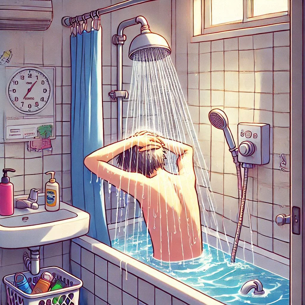 "Person enjoying a cool shower in a dorm bathroom to reduce body temperature before sleep."