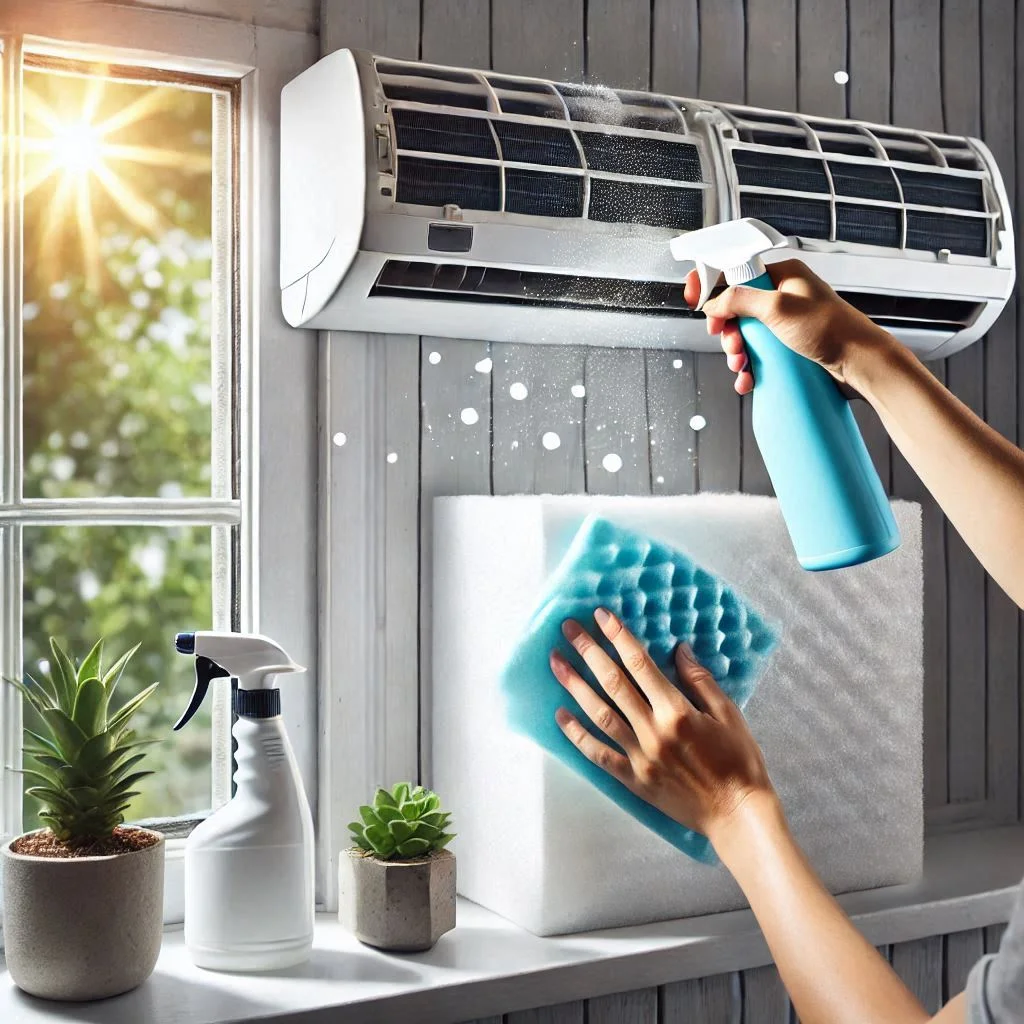 "An image of a person applying a gentle, eco-friendly cleaner on the styrofoam inside a window air conditioner, with a clean, bright environment in the background."