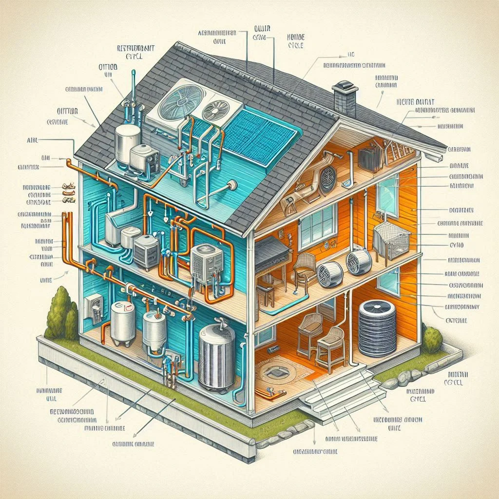 A detailed illustration of a heat pump system showing its dual functionality for heating and cooling in a California home. Include labels for various parts like the outdoor unit, refrigerant cycle, and airflow directions.