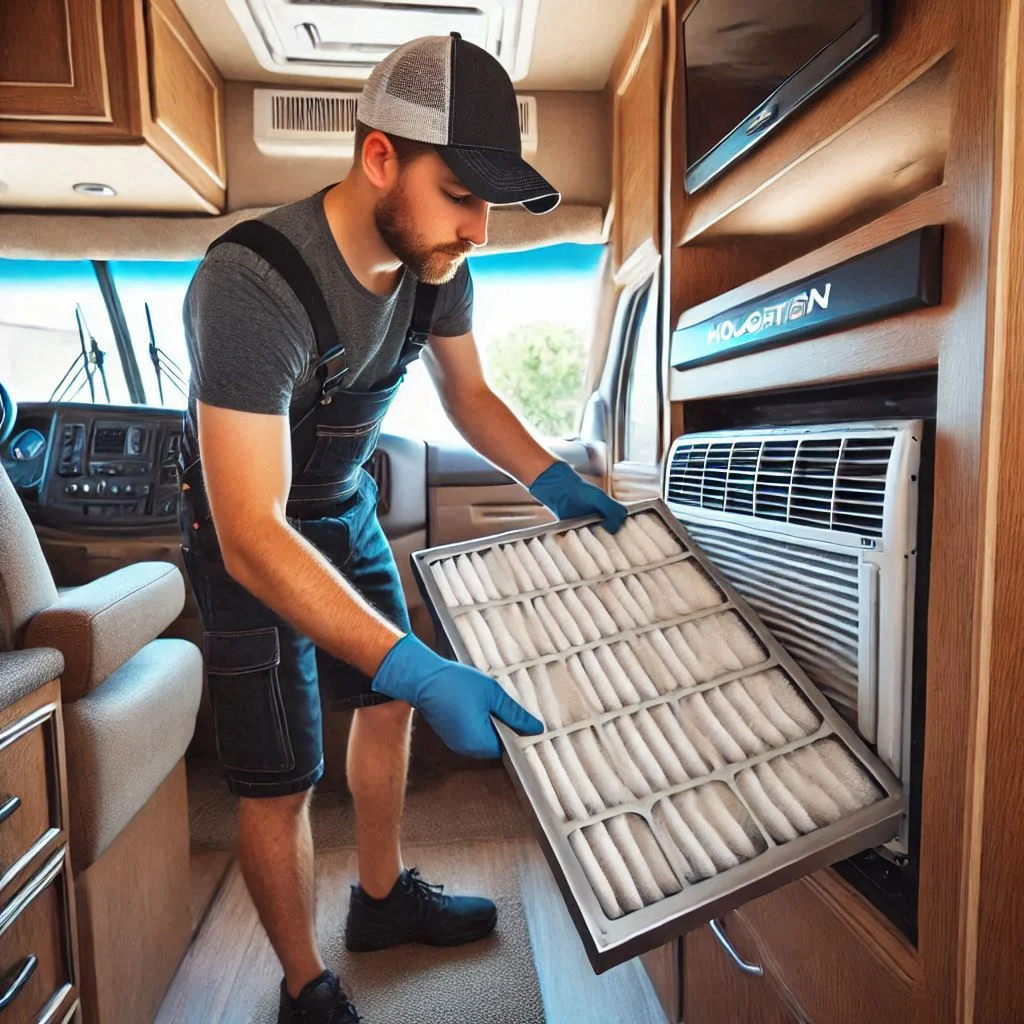 "An image showing a technician cleaning the air filters of a Houghton RV air conditioner in an RV. Show the technician carefully removing and cleaning the filter in a bright, well-maintained RV."