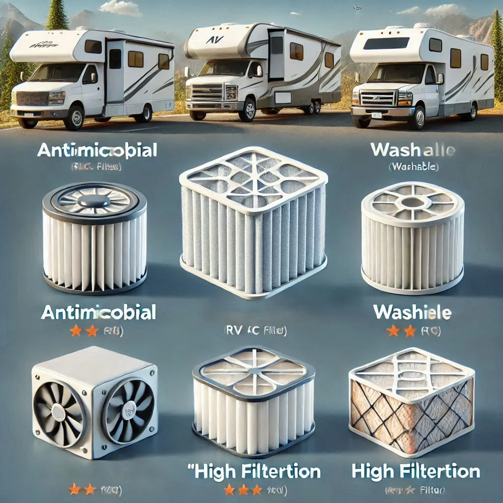 A showcase of different high-quality RV AC filters with features like “Antimicrobial,” “Washable,” and “High Filtration” highlighted.