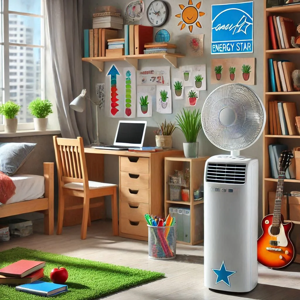 "Energy Star portable air conditioner saving on electricity in a dorm room"