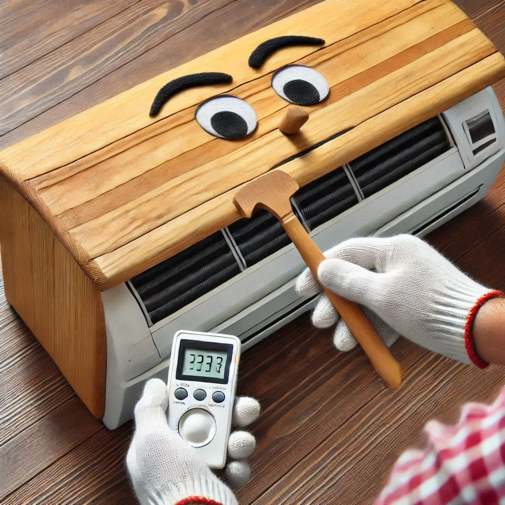 A person inspecting a wooden air conditioner cover for wear and tear.