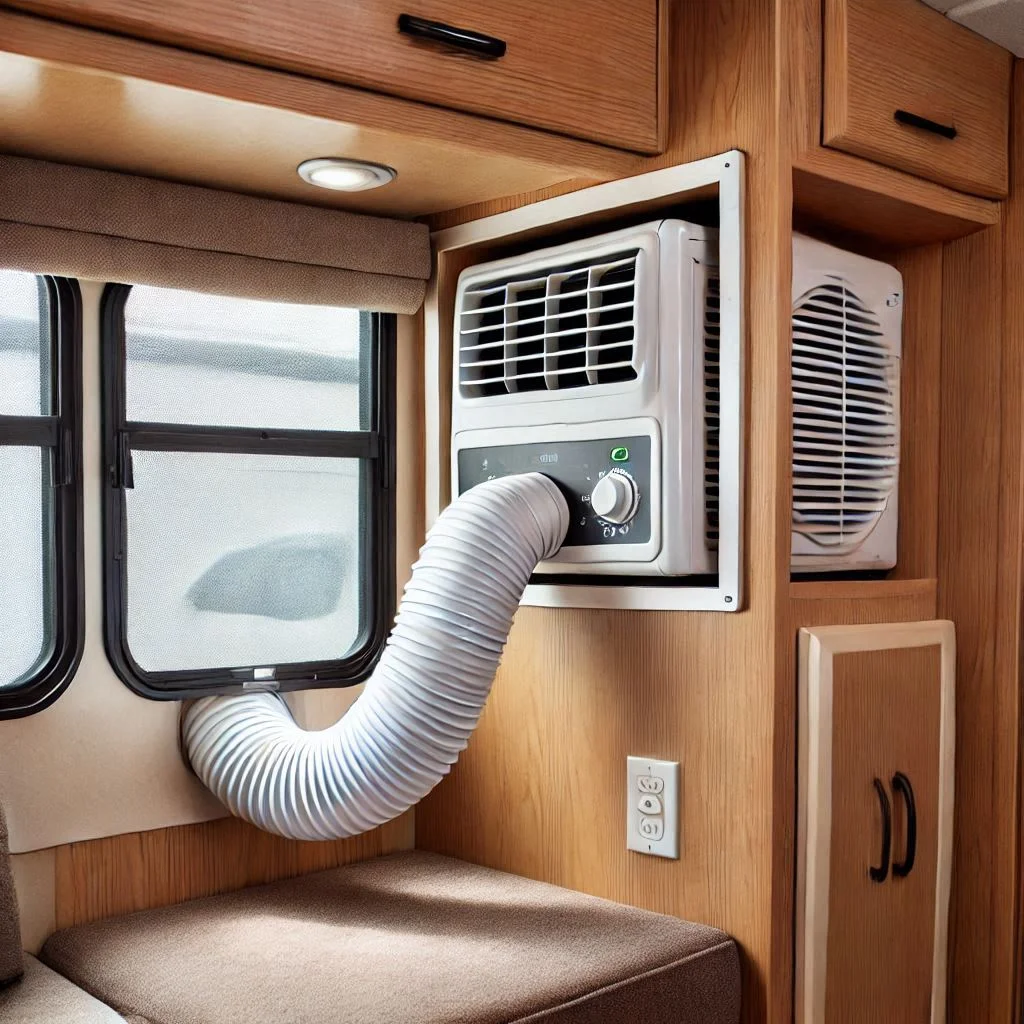 A portable AC unit in a camper, showing the exhaust hose venting out through a small window with a secure fit.