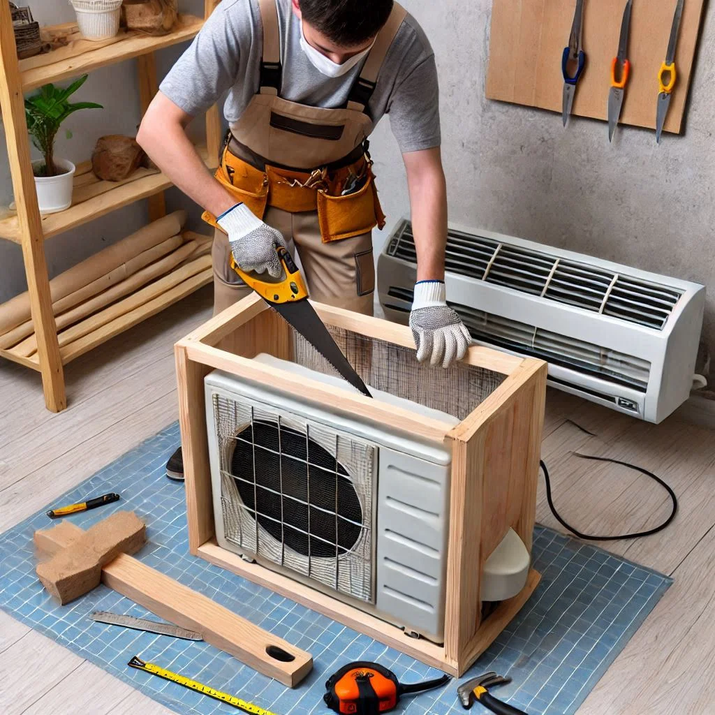 A person working on a DIY air conditioner cover with basic woodworking tools, like a saw and measuring tape.