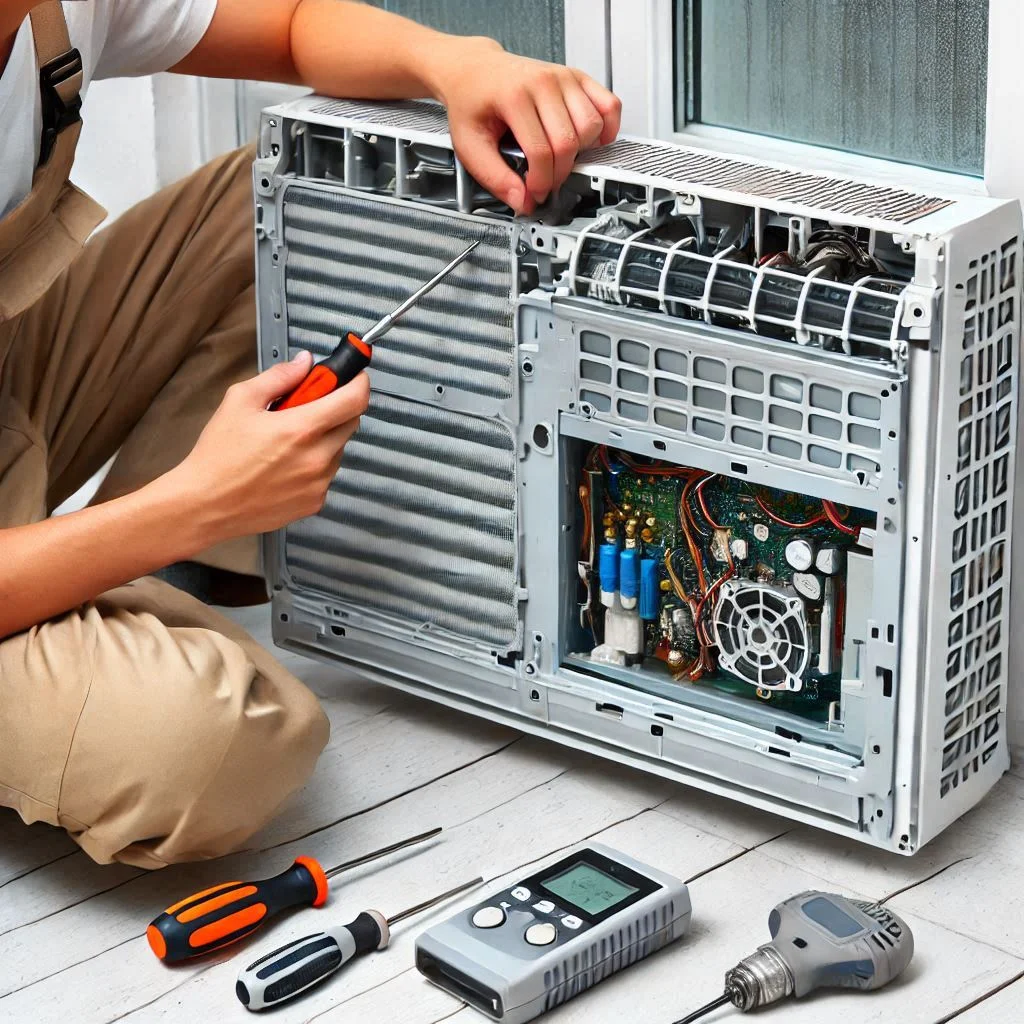 "An image of a technician using a screwdriver to carefully remove the face panel of a window air conditioner, exposing the internal components."