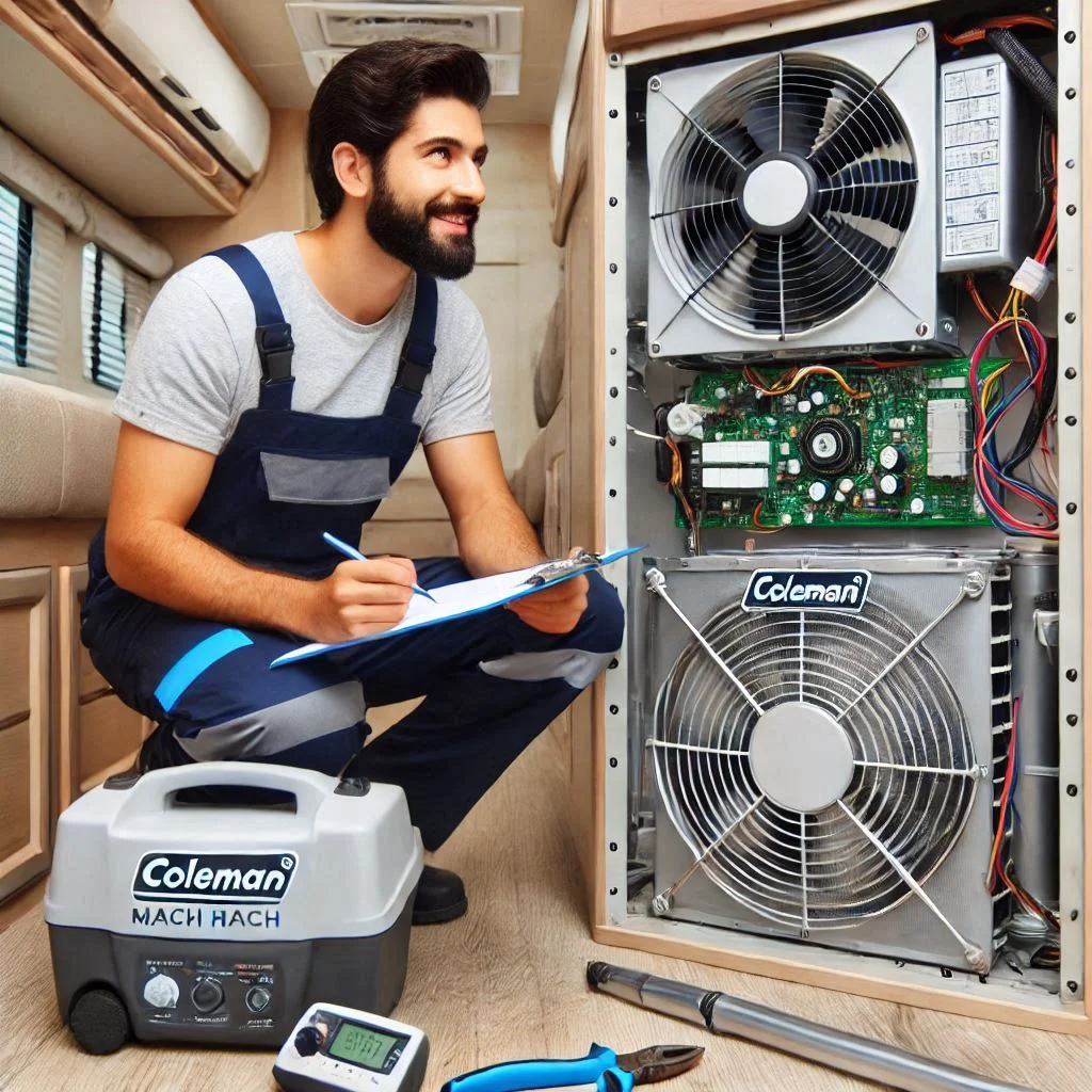 "Image of a technician inspecting the various components of a Coleman Mach RV air conditioner, including the fan, thermostat, and coils."