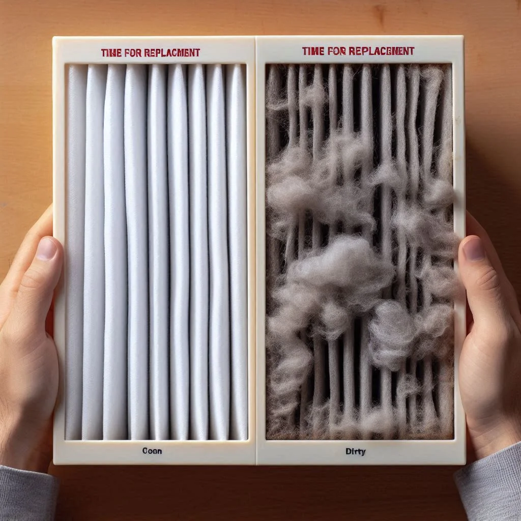 A side-by-side comparison of a clean filter and a visibly dirty, clogged filter labeled “Time for Replacement.”