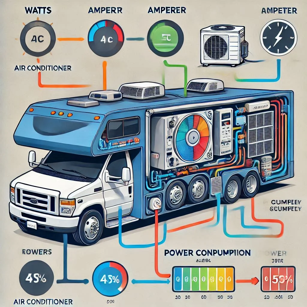 A diagram showing the relationship between watts, amperage, and power consumption in an RV air conditioner, with clear labels.