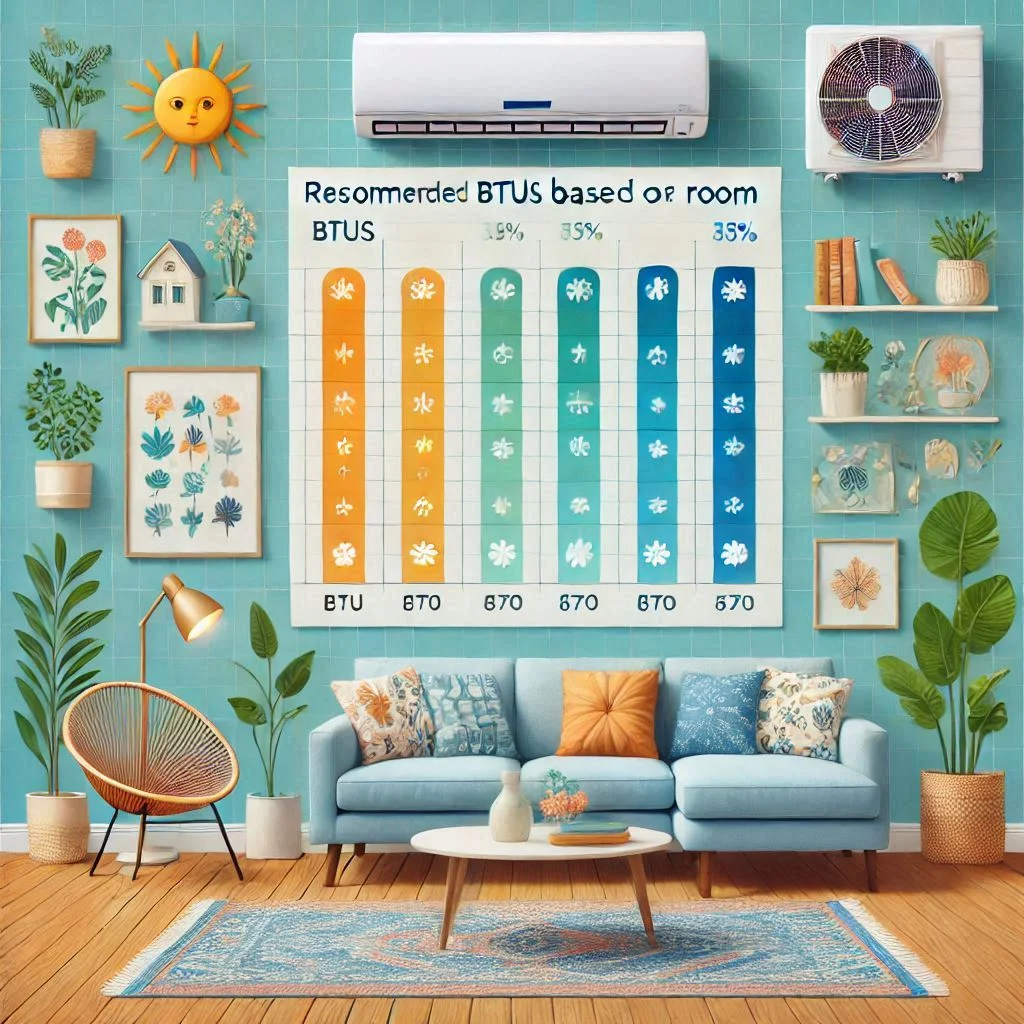 "A chart showing recommended BTUs based on room size for a budget portable air conditioner, helping users choose the right cooling capacity."