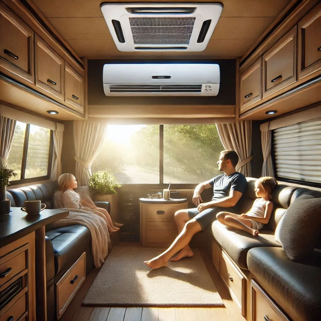 A sleek RV interior during a sunny day, showing the even cooling effect of the air conditioner as a family enjoys a comfortable, relaxing moment inside.