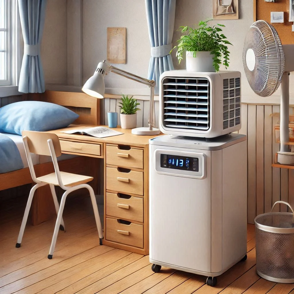 "Portable air conditioner with a low noise level in a quiet dorm room"