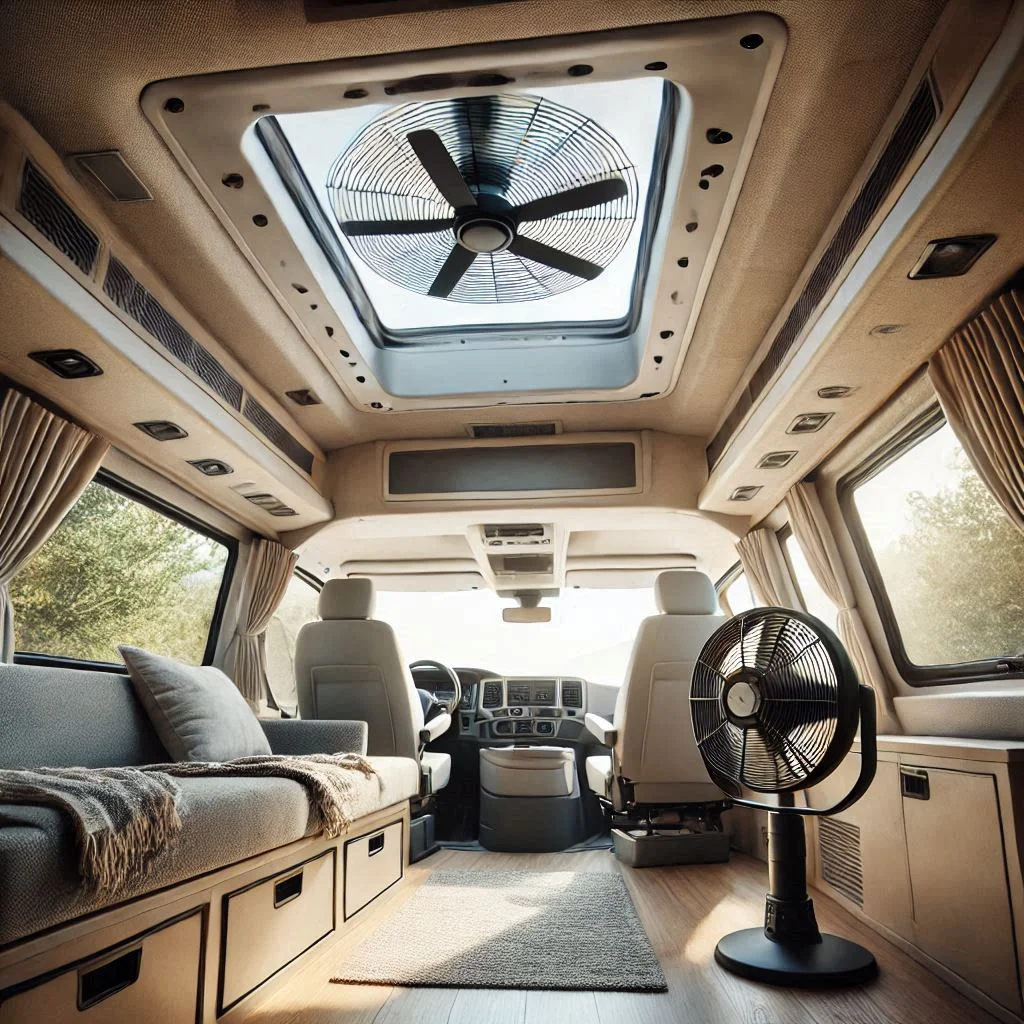 A camper van interior with roof vents open, showing natural light and airflow, complemented by a ventilation fan in action.