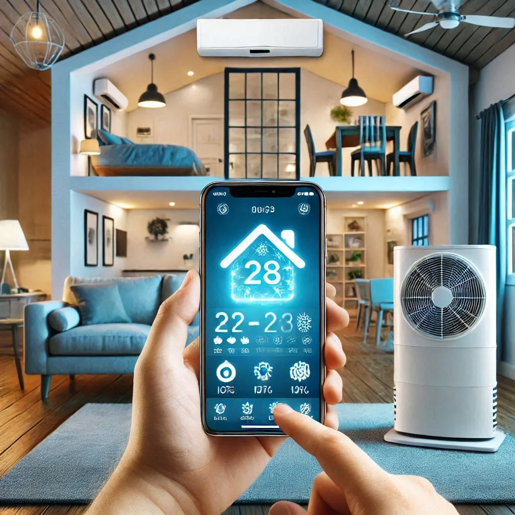 A smart home with an advanced air conditioning system controlled via smartphone, showcasing IoT-enabled devices and the convenience of managing temperature remotely.