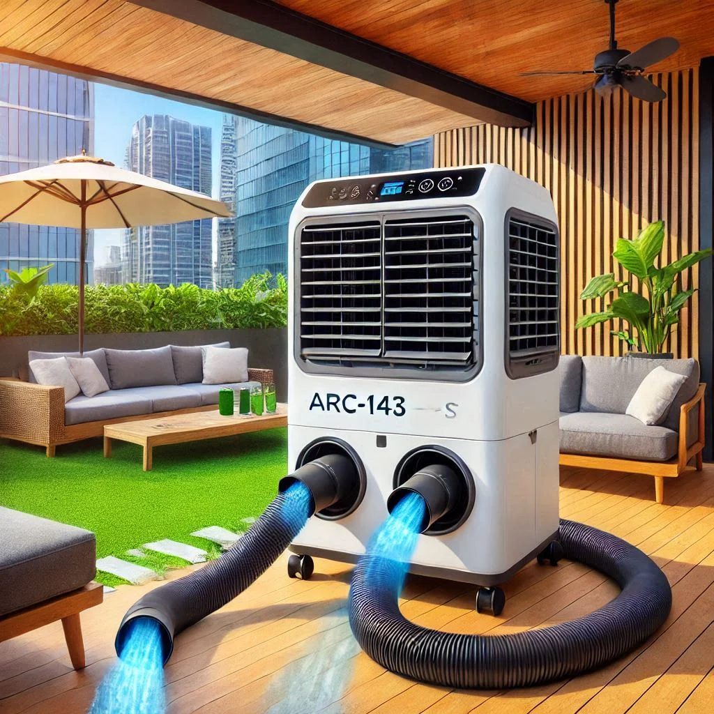 Generate an image of the Whynter ARC-14S dual hose portable air conditioner cooling a spacious outdoor patio, with its dual hoses clearly visible.