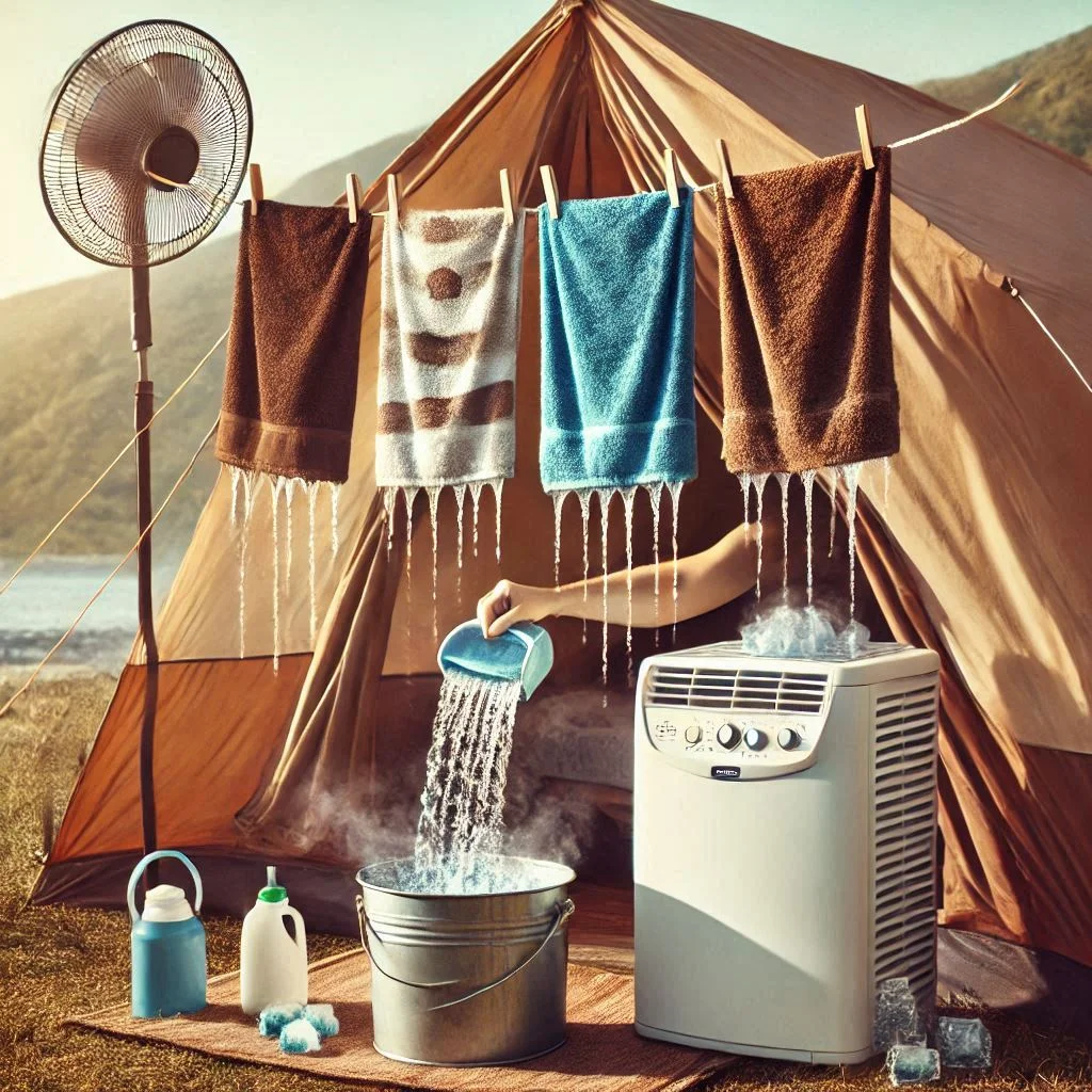 "A person soaking towels in cold water and hanging them inside a tent for a budget-friendly DIY camping air conditioner."