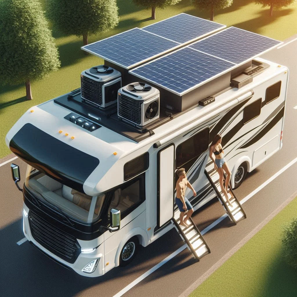 "A sleek Nomadic Cooling X2 unit installed on the roof of an RV, with solar panels visible, cooling a family during a sunny road trip."