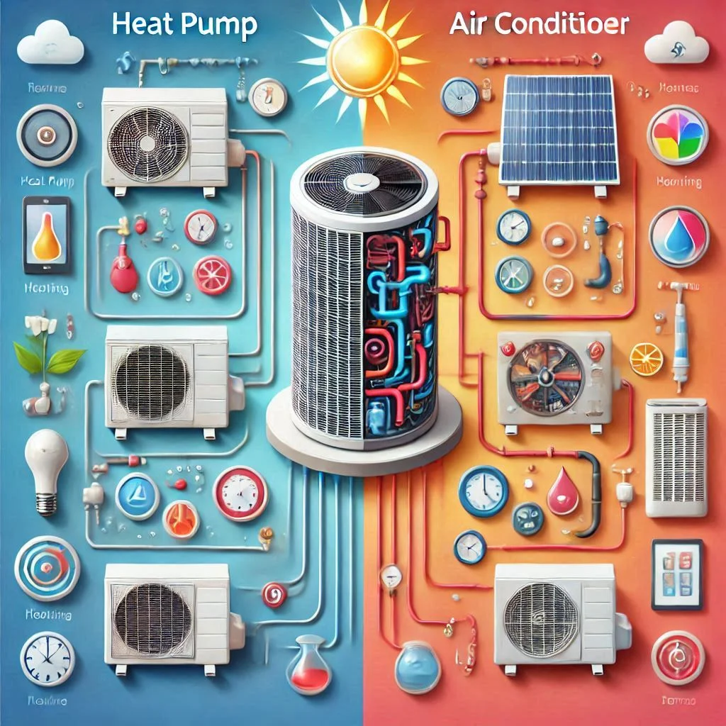 "Comparison chart showing heat pump vs air conditioner functionality, highlighting the heating and cooling differences between the two systems."