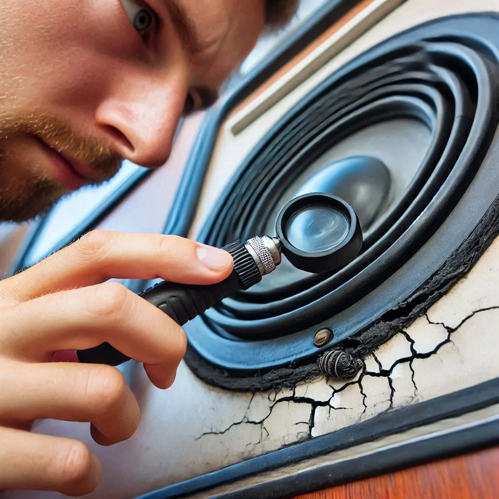 A close-up of a person inspecting and cleaning the rubber seal of an RV air conditioner, showing visible cracks or wear.