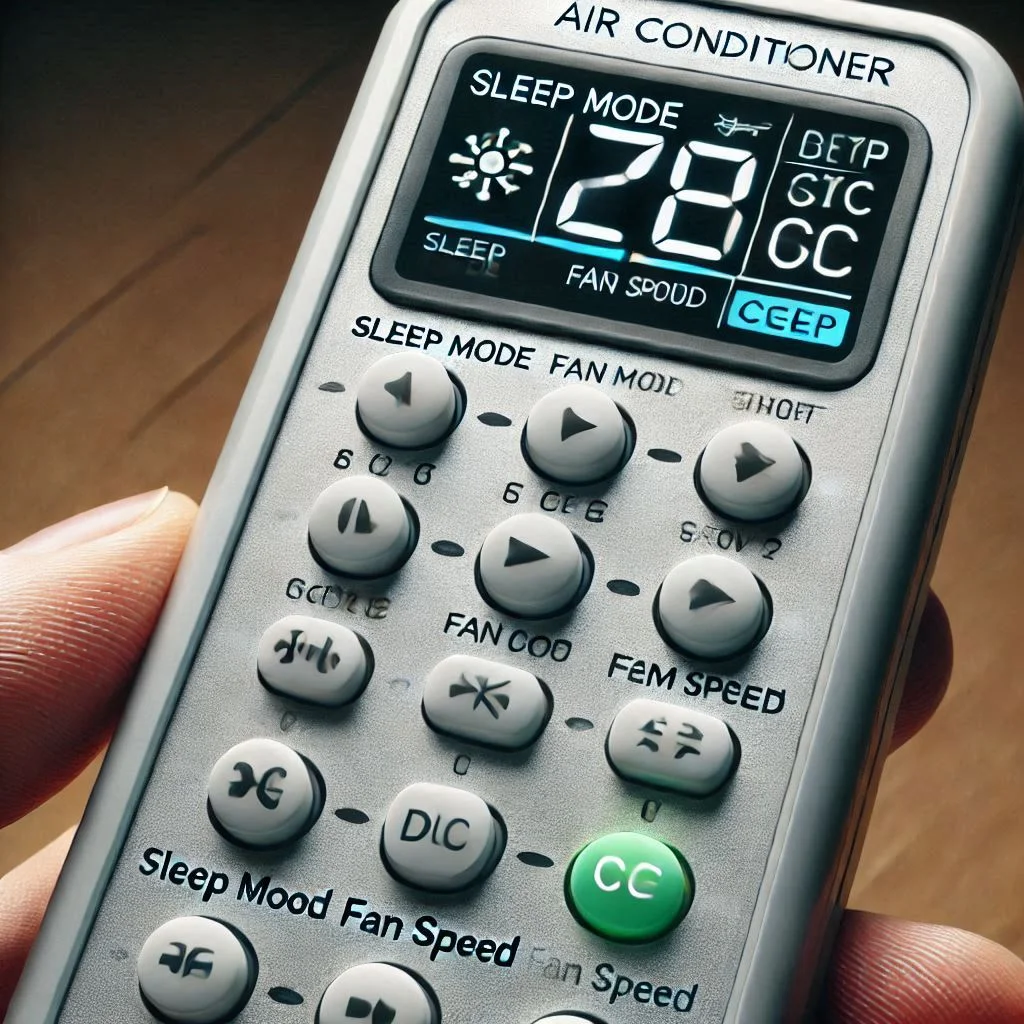 A close-up image of a Frigidaire air conditioner remote with various buttons like sleep mode, fan speed, and temperature controls highlighted.