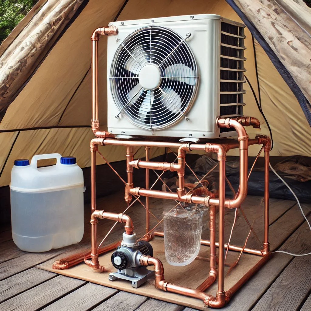 "A fully assembled DIY camping air conditioner with copper tubing connected to the fan and water pump, circulating cool air inside a tent."