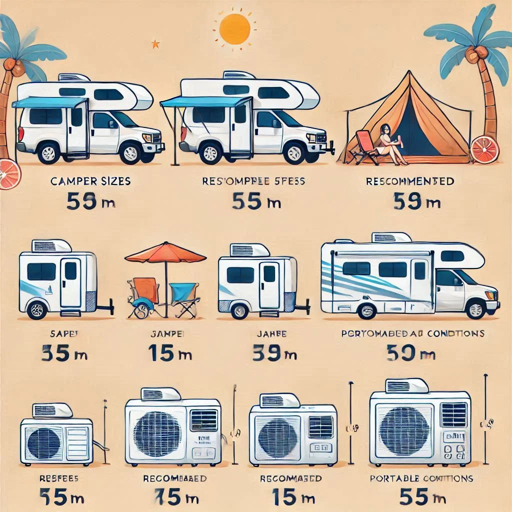 A chart comparing camper sizes with recommended BTU ratings for portable air conditioners.