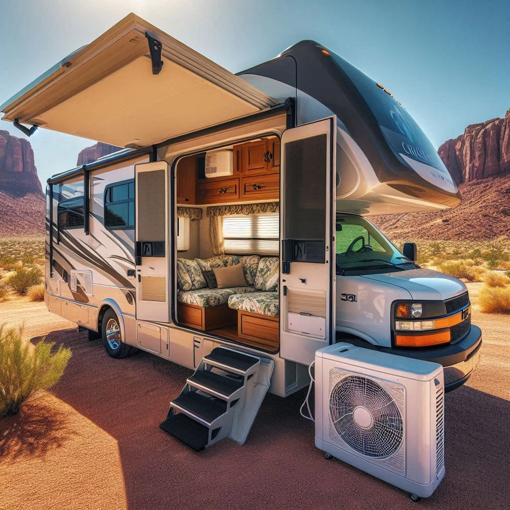 "An RV parked in a desert landscape with a visible Cruise N Comfort USA HD-12L unit, cooling the interior under intense sunlight."