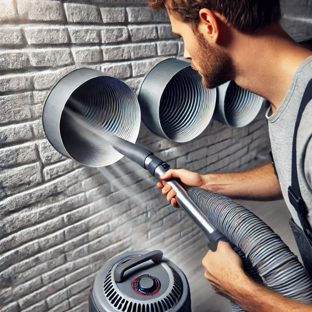 A close-up of a homeowner vacuuming inside air vents, showcasing clean ducts and no visible dust buildup.