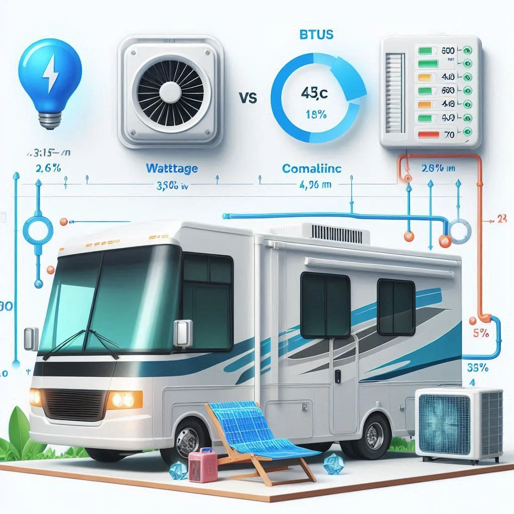 "A side-by-side comparison of portable RV AC units versus built-in RV AC units, showing their wattage consumption and cooling capacity (BTUs). Include a visual representation of their power requirements and efficiency for RV cooling."