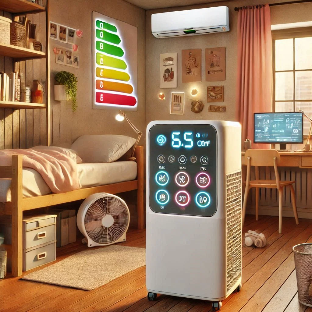 "Image showing a portable air conditioner in use in a dorm room, with indicators of its energy efficiency and cooling capacity."