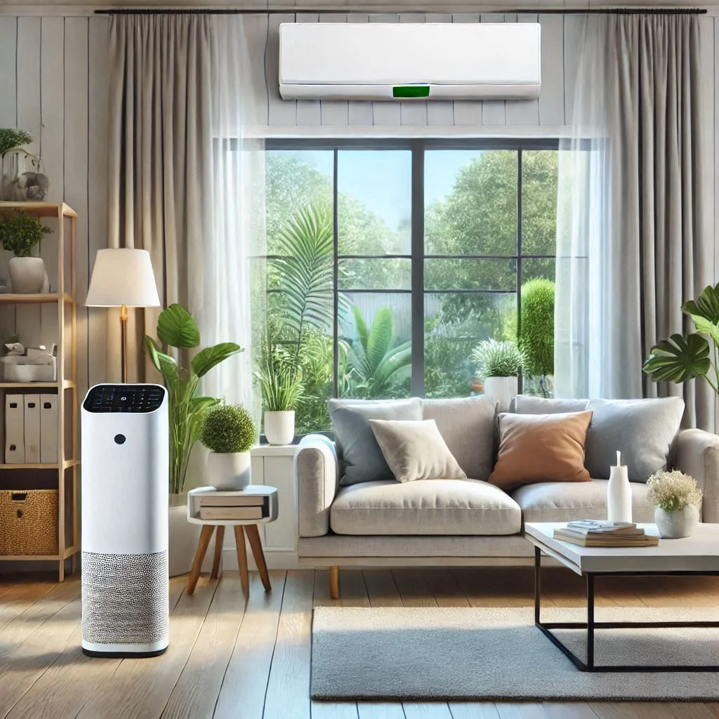 A modern living room setup with an air purifier and air conditioner running simultaneously, showcasing a fresh and comfortable indoor atmosphere.