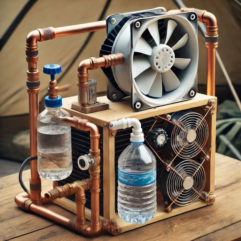 "A fully assembled DIY camping air conditioner with the water pump and copper tubing connected to the fan, creating cool air for the camping environment."