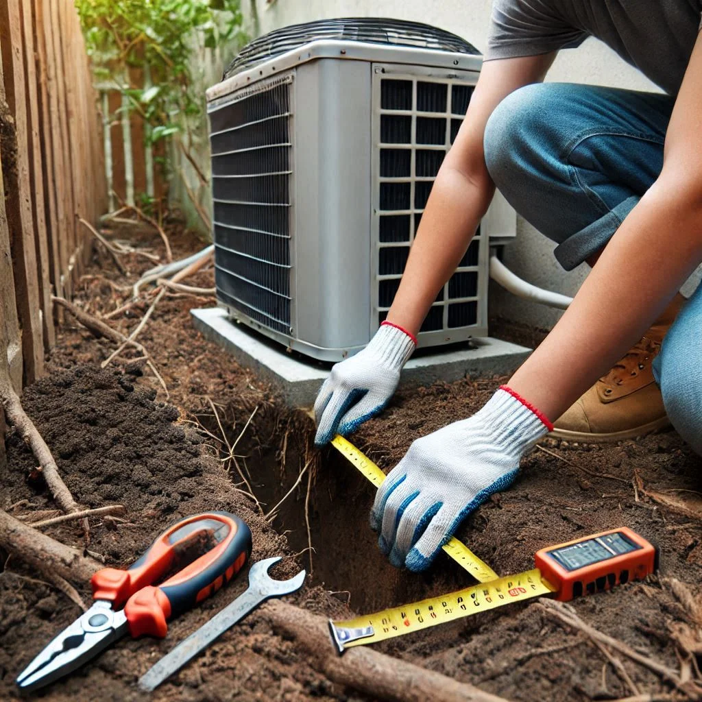 "A person clearing debris around an air conditioner unit, preparing the ground for the installation of a DIY fence, with measuring tape and tools visible."