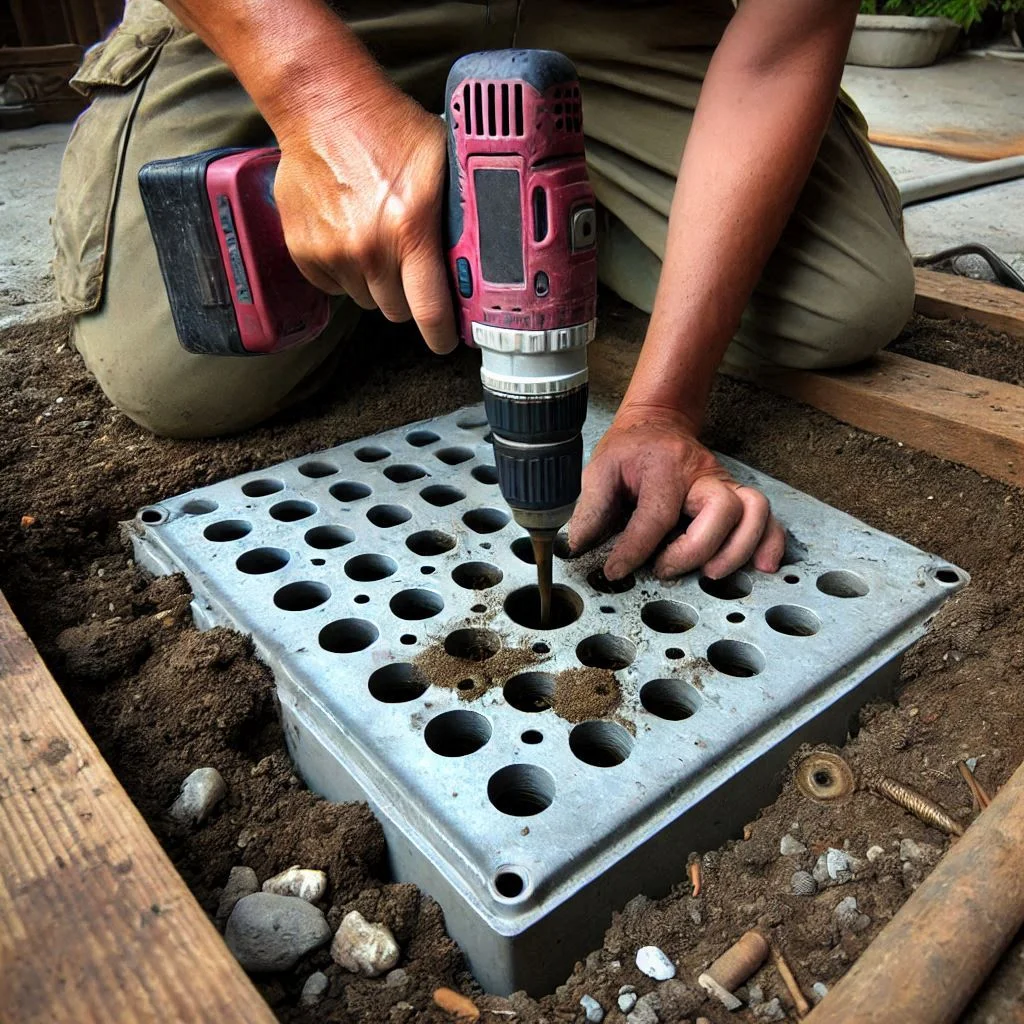 Drilling drainage holes into the base of an outdoor AC cover to allow water to escape.