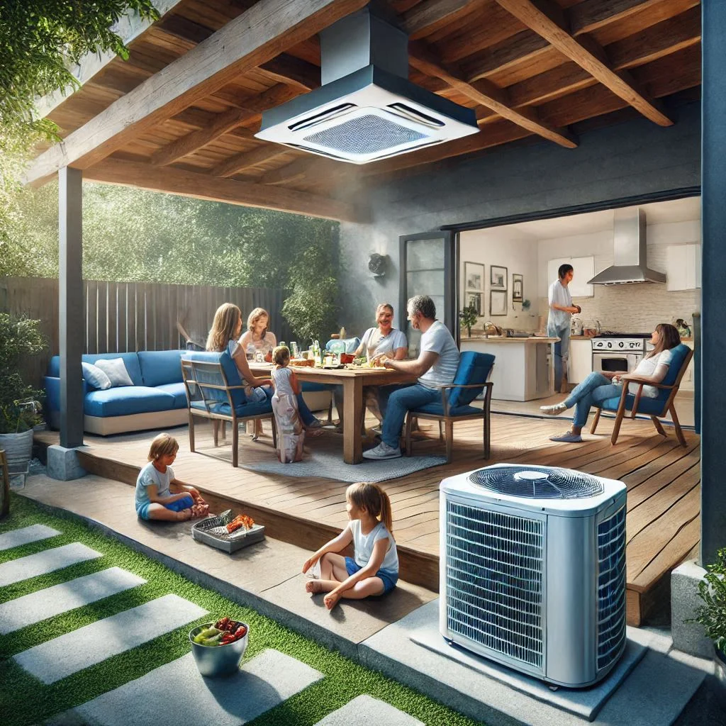 Generate an image of a family enjoying a backyard BBQ under a shaded patio, with an air conditioning unit providing a cool, comfortable environment for everyone.